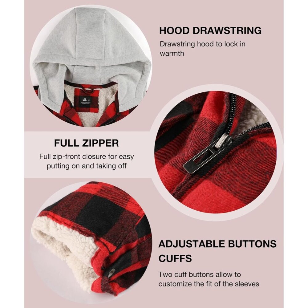 Mens Hooded Red Black Sherpa Line Plaid Flannel Jacket Warm Winter Fleece Coat. - Picture 4 of 6